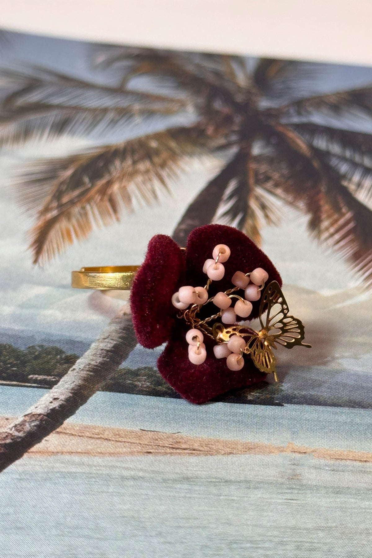 anillo Néctar ajustable aterciopelado granate rosa en acero inoxidable