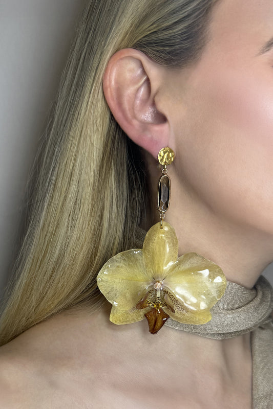 pendientes Maui orquídea natural y acero inoxidable puestos en modelo