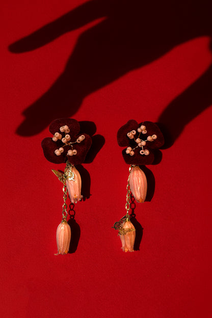 Pendientes largos Costa Rica granate rosa acero inoxidable dorado flores naturales