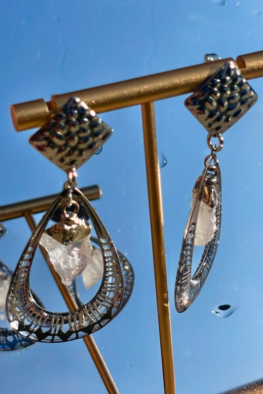 pendientes Jaipur acero inoxidable resina y cuarzo blanco