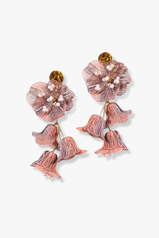 Pendientes largos Azores acero inoxidable dorado con filigrana rosa palo