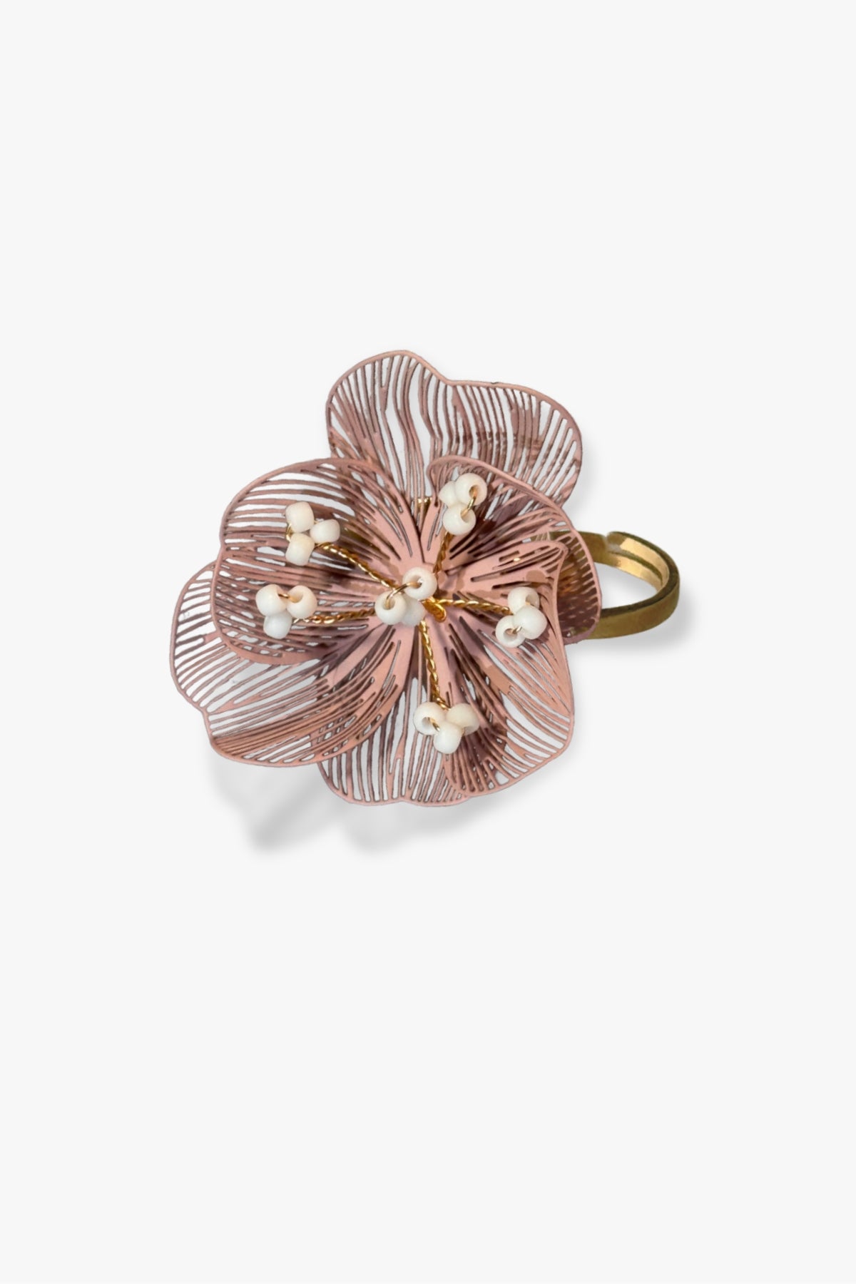 anillo Camélia ajustable acero inoxidable dorado con filigrana rosa