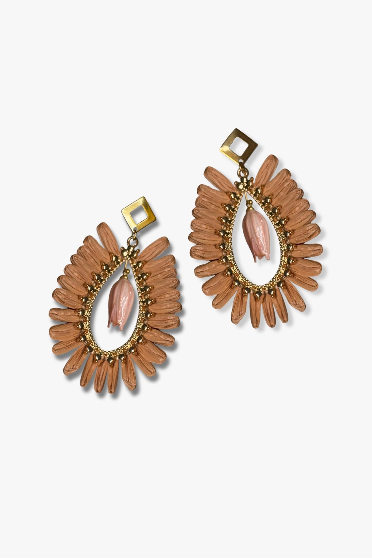 pendientes largos Vietnam rafia flor natural acero inoxidable dorado