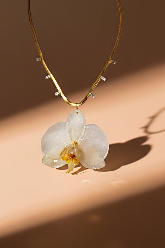 collar acero inoxidable  dorado Sorrento con orquídea natural y cristales
